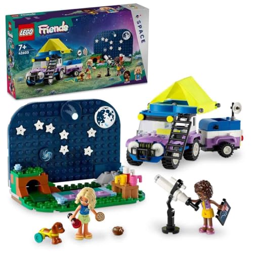 LEGO Friends stovyklavietė su mobilia žvaigždžių observatorija, konstruojama transporto priemonė vaikams, žaislas su 2 mini lėlėmis ir gyvūnų figūrėlėmis, dovanos idėja 7 metų vaikui, mergaitei ir berniukui, 42603