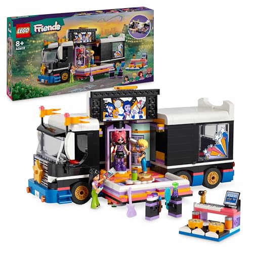 LEGO Friends popžvaigždė koncertinis autobusiukas, konstruojamas muzikinių žaislų rinkinys 8 metų vaikams, su transporto priemone ir 4 mini lėlėmis, dovanų idėja vaikams, mergaitėms ir berniukams, 42619