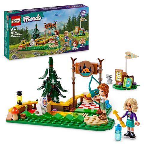LEGO Friends vasaros šaudymo iš lanko stovyklos šaudykla, žaislas vaikams, 2 mini lėlės, meškėno figūrėlė, lankas ir strėlės bei lėlių priedai, dovanos 6 ir 6 metų vaikui, 42622