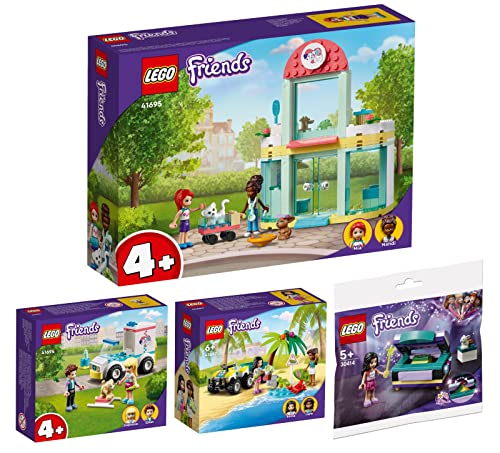 Lego Friends rinkinys 4 vnt.: 41694 gyvūnų gelbėjimo vežimėlis, 41695 veterinarijos klinika, 41697 vėžlių gelbėjimo vežimėlis ir 30414 stebuklinga Emmos skrynia