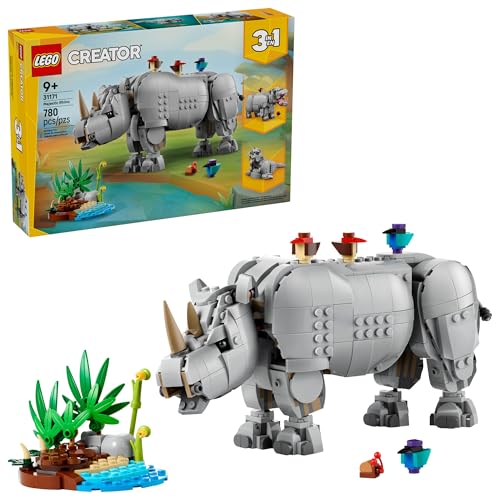 LEGO Creator 3 in 1 Wild Animals: Majestic Rhino – Building Toy for Boys & Girls, Ages 9+ – Gift for Easter Baskets – Kids Bedroom and Desk Decor – Build Rhino, Hippo, or Walrus – 31171